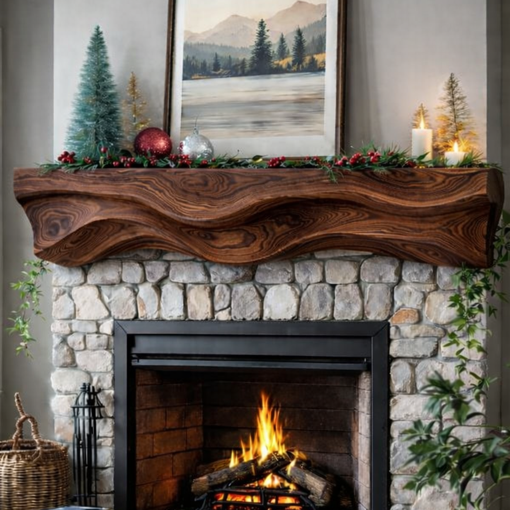 Solid Wood Live Edge Fireplace Mantel Shelf – Rustic Design