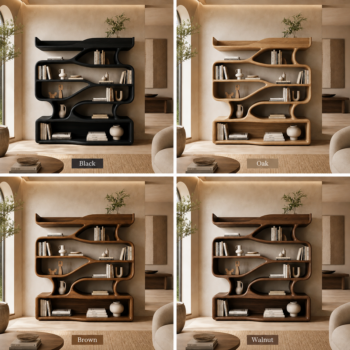 S-Shaped Bookcase – Sculptural Solid Wood Display Shelf