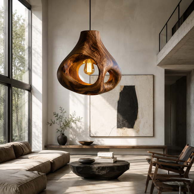 Sculptural Wood Pendant Light – Handcrafted Wooden Ceiling Lamp for Living Room Decor Hover Image
