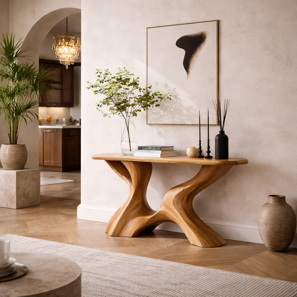 Sculptural Console Table – Solid Wood Artistic Base Table for Entryway Decor
