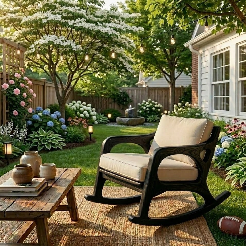 Outdoor Rocking Chair – Solid Wood Lounge Chair with Cushioned Seat