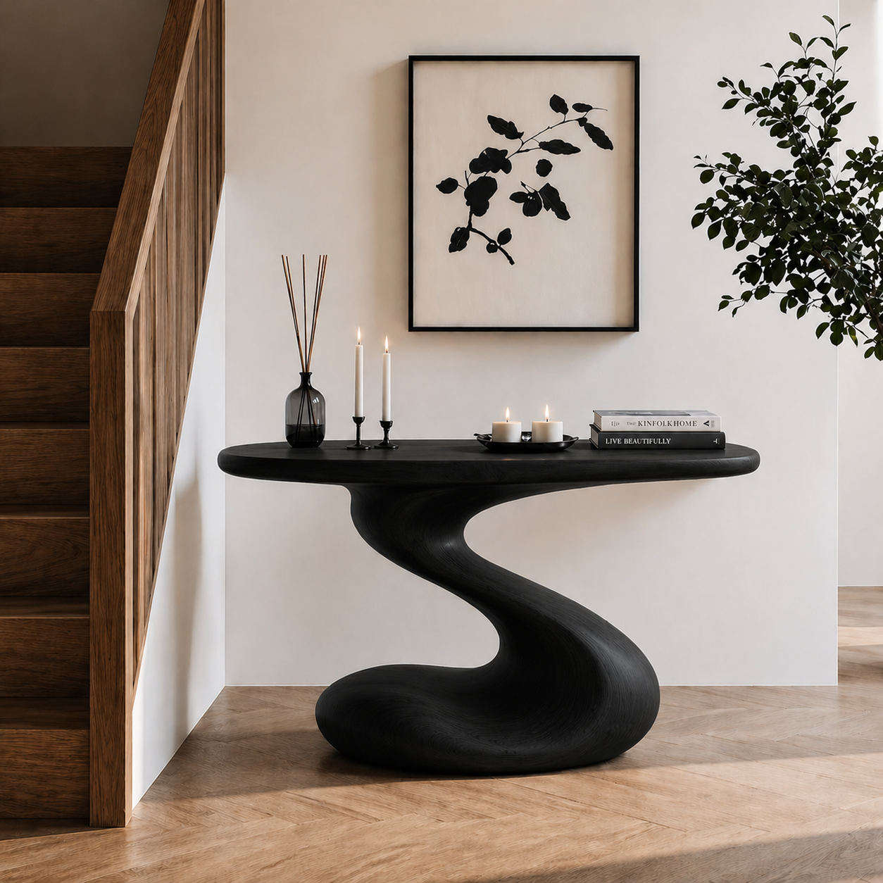 Sculptural Console Table – Solid Wood Modern Table for Entryway Decor
