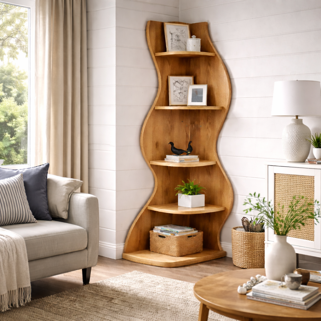 Corner Bookcase – Sculptural Solid Wood Display Shelf