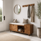 Wood Entryway Storage Bench – Solid Wood Shoe Bench with Cushion and Carved Cabinet Doors