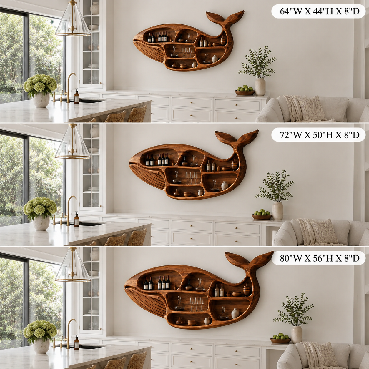 Whale Shaped Wood Wall Shelf – Solid Wood Display Shelf for Dining Room and Home Bar Decor