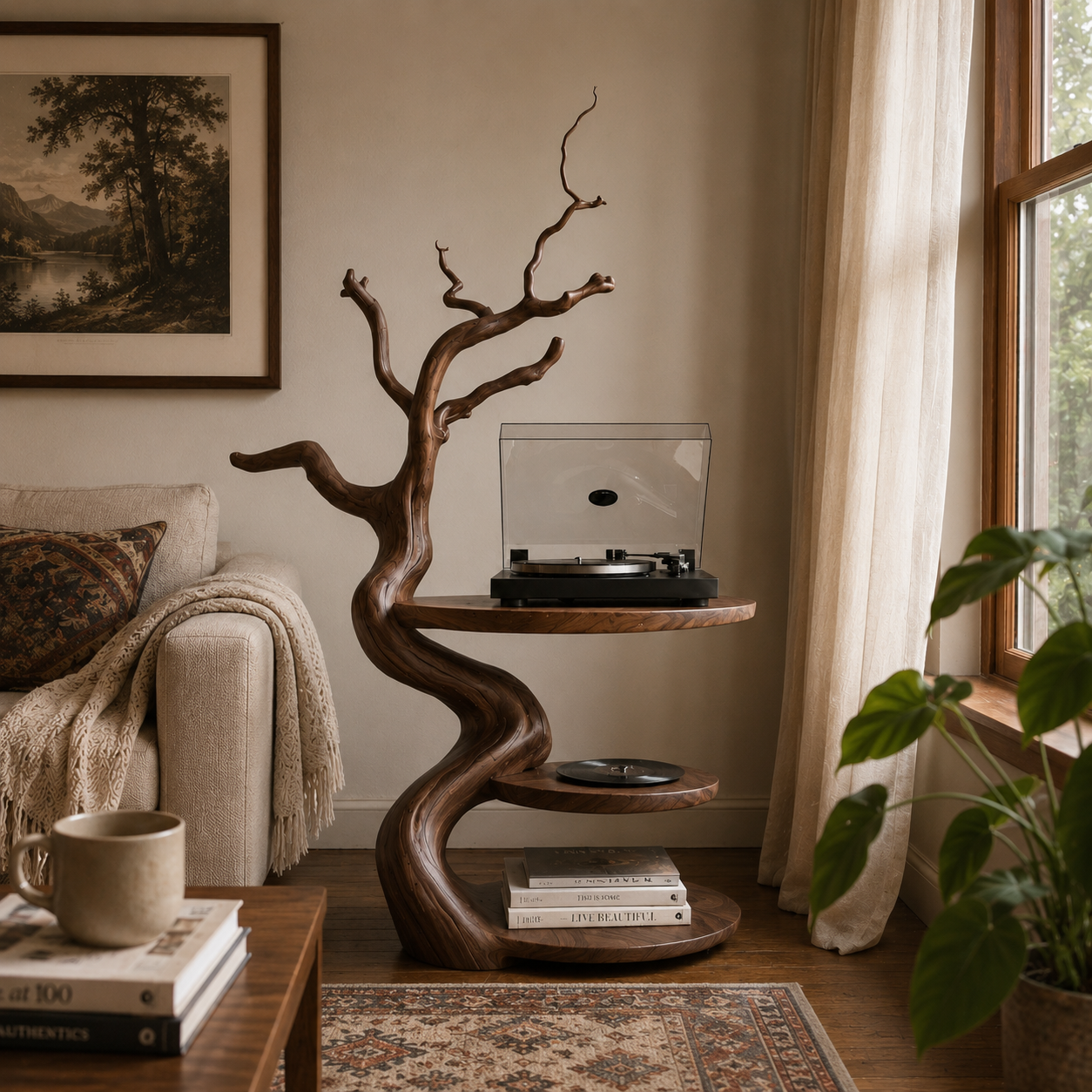 Tree Branch Wooden Side Table – Sculptural Solid Wood Accent Table with Storage Shelves