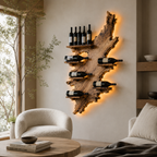 Live Edge Wood Wine Rack – Solid Wood Backlit Bottle Display Shelf for Kitchen Decor