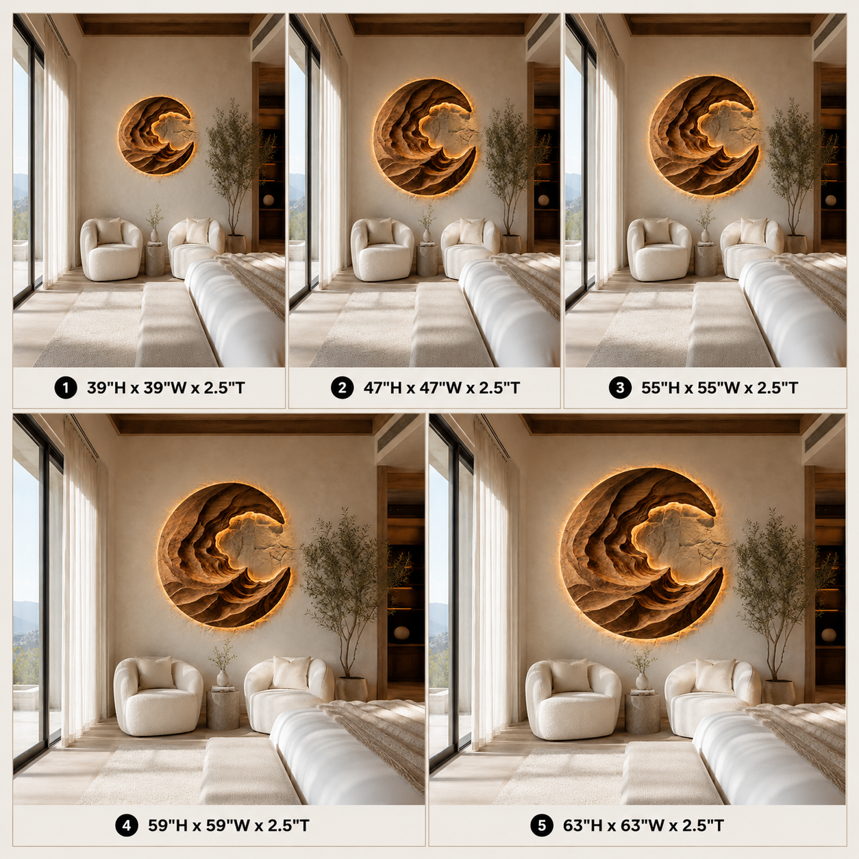 Round Wave Wood Wall Art – Solid Wood Backlit Wall Sculpture for Bedroom Decor
