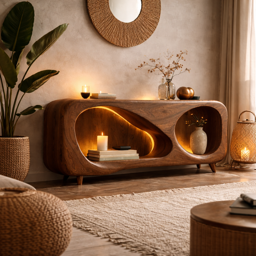 Sculptural Fireplace TV Stand – Solid Wood Media Console for Living Room