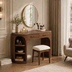 Makeup Vanity Table – Solid Wood Vanity with Round Mirror and Stool
