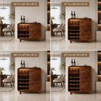 Solid Wood Wine Cabinet – Rounded Wood Bar Storage Cabinet with Wine Rack for Living Room Decor