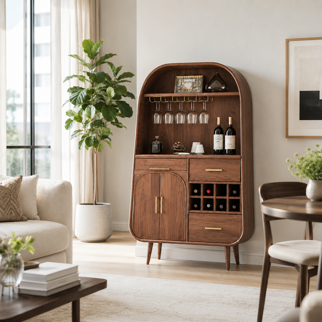 Arched Wood Bar Cabinet – Solid Wood Wine Storage Cabinet for Living Room Decor