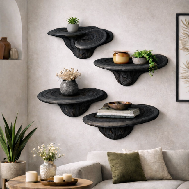 Organic Wooden Floating Wall Shelves Set – Sculptural Modular Display Main Image