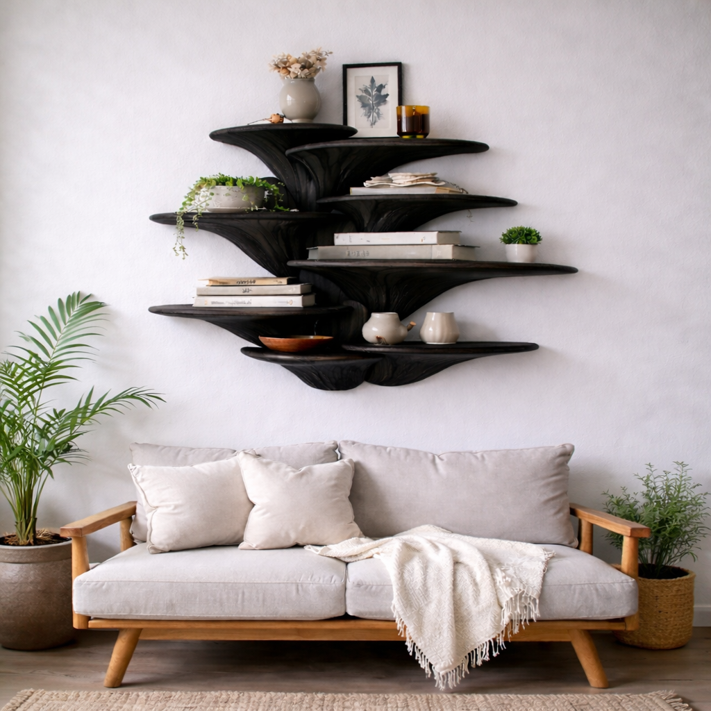 Solid Wood Layered Floating Shelves – Sculptural Organic Design