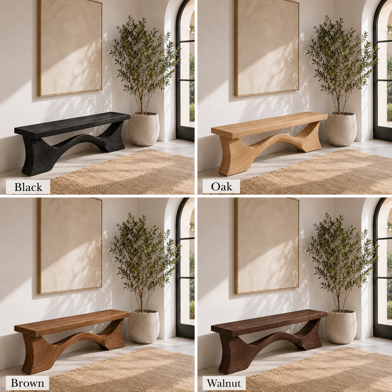 Sculptural Wood Entryway Bench – Solid Wood Hallway Bench with Curved Base for Home Decor
