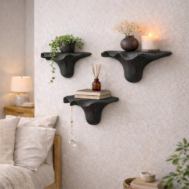 Small Organic Wooden Floating Wall Shelves – Sculptural Display Set Main Image