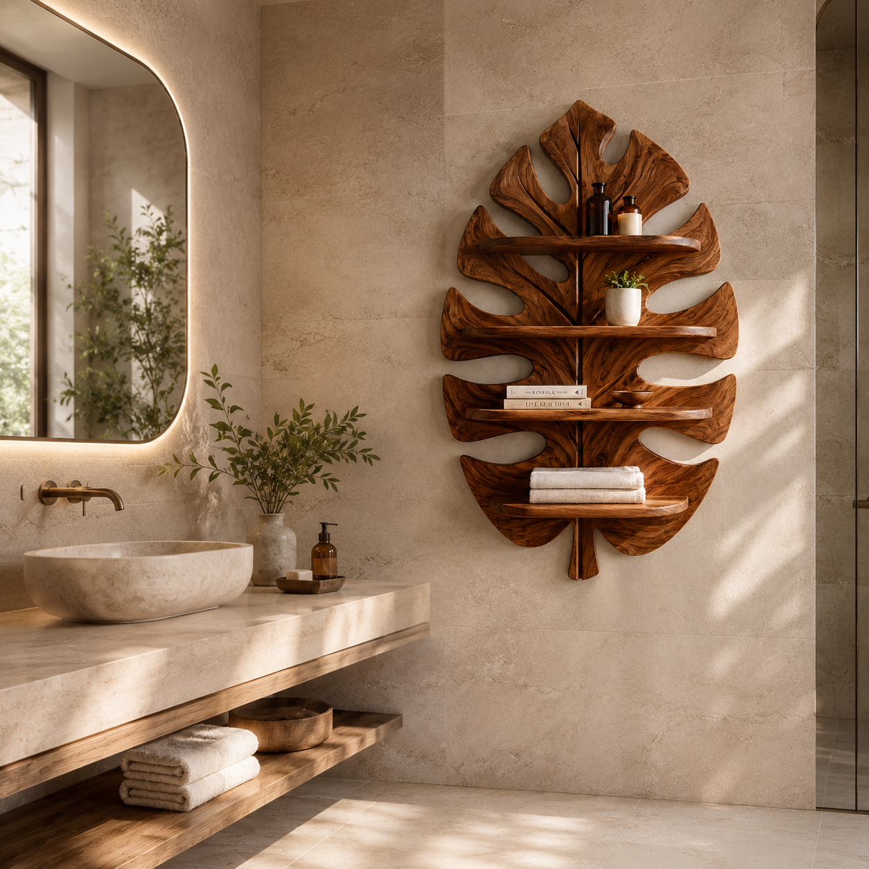 Monstera Leaf Wood Bathroom Shelf – Solid Wood Wall Mounted Display Shelf for Bathroom Decor
