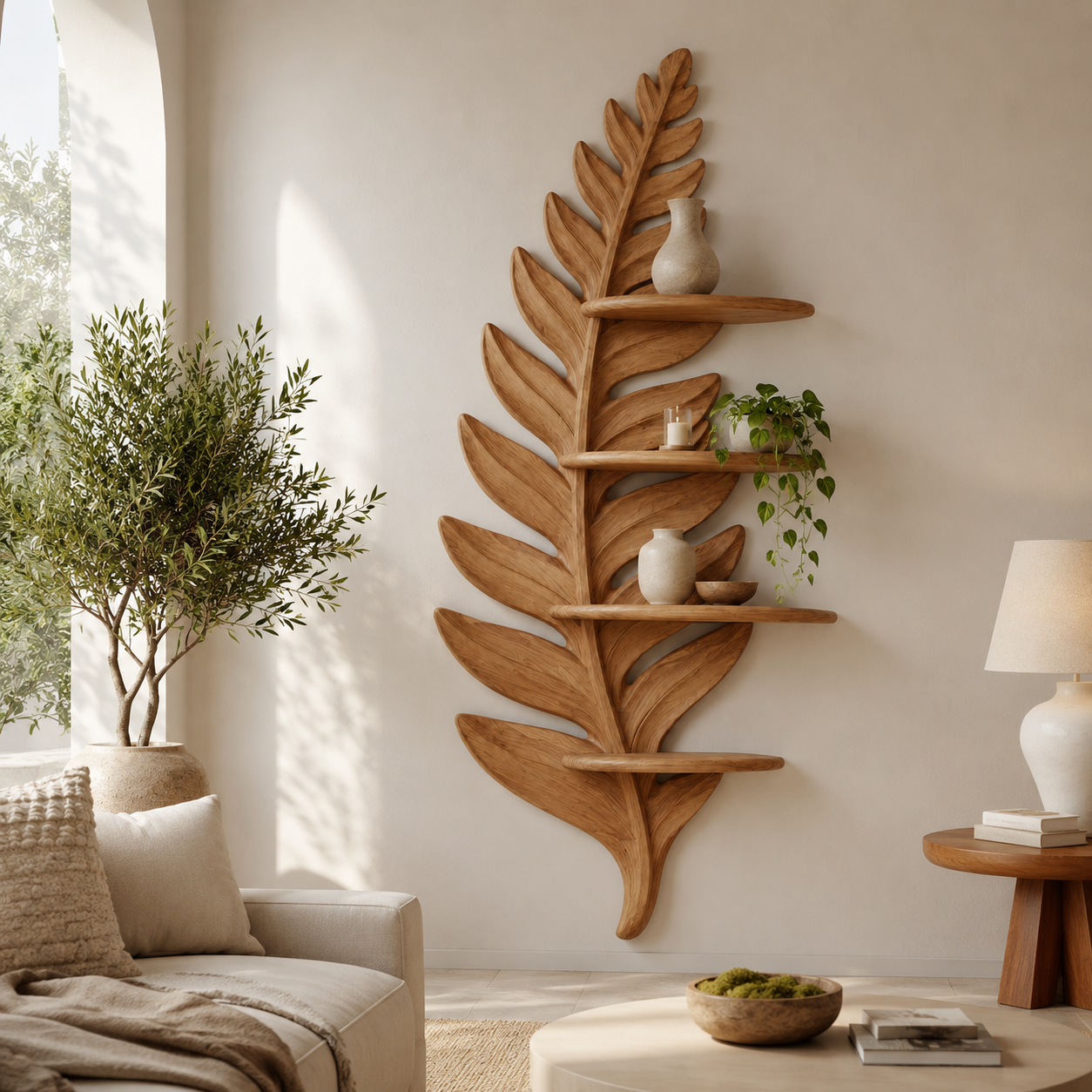 Fern Leaf Wood Wall Shelf – Solid Wood Floating Display Shelf for Living Room Decor