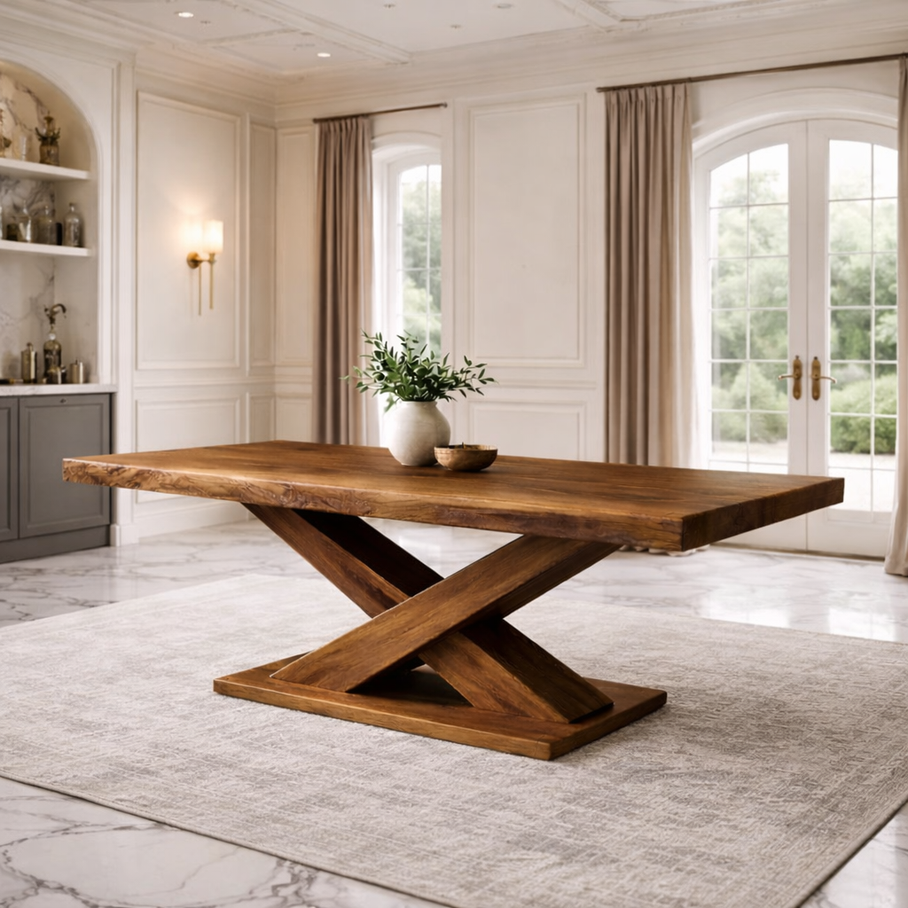 Modern Solid Wood Dining Table – Sculptural X Base Handcrafted Dining Table for Luxury Dining Rooms