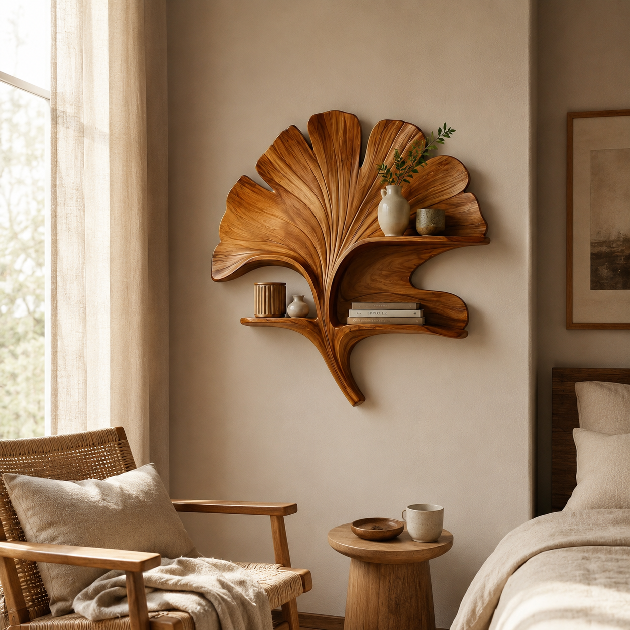 Ginkgo Leaf Wood Wall Art – Solid Wood Floating Shelf for Living Room Decor