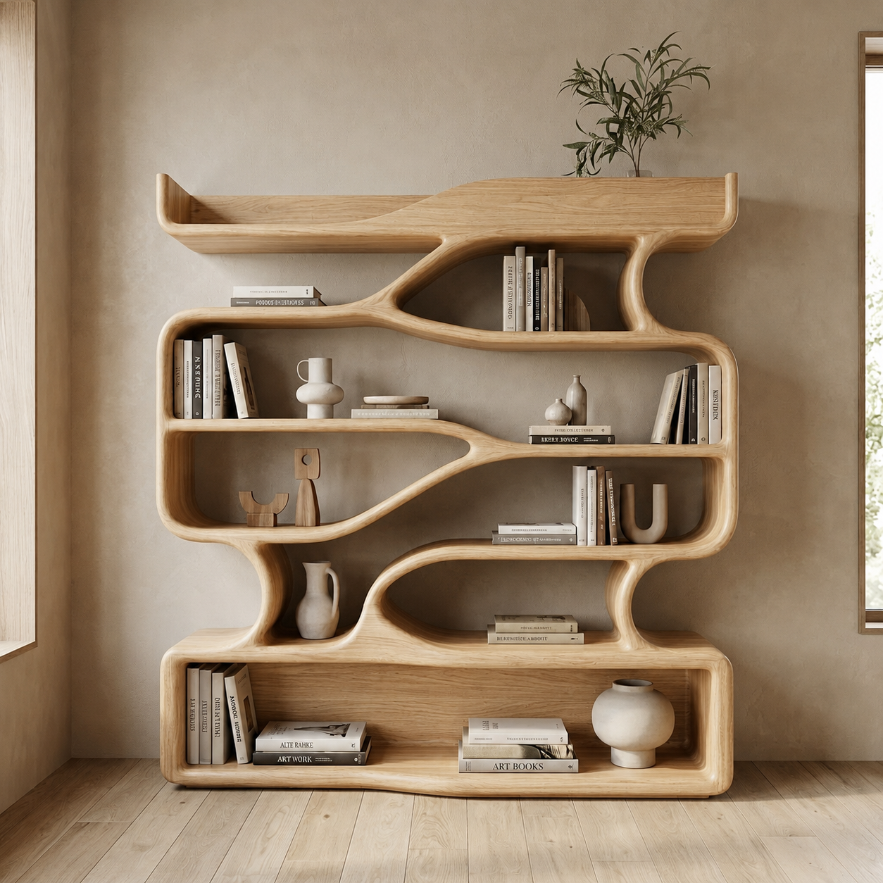 S-Shaped Bookcase – Sculptural Solid Wood Display Shelf