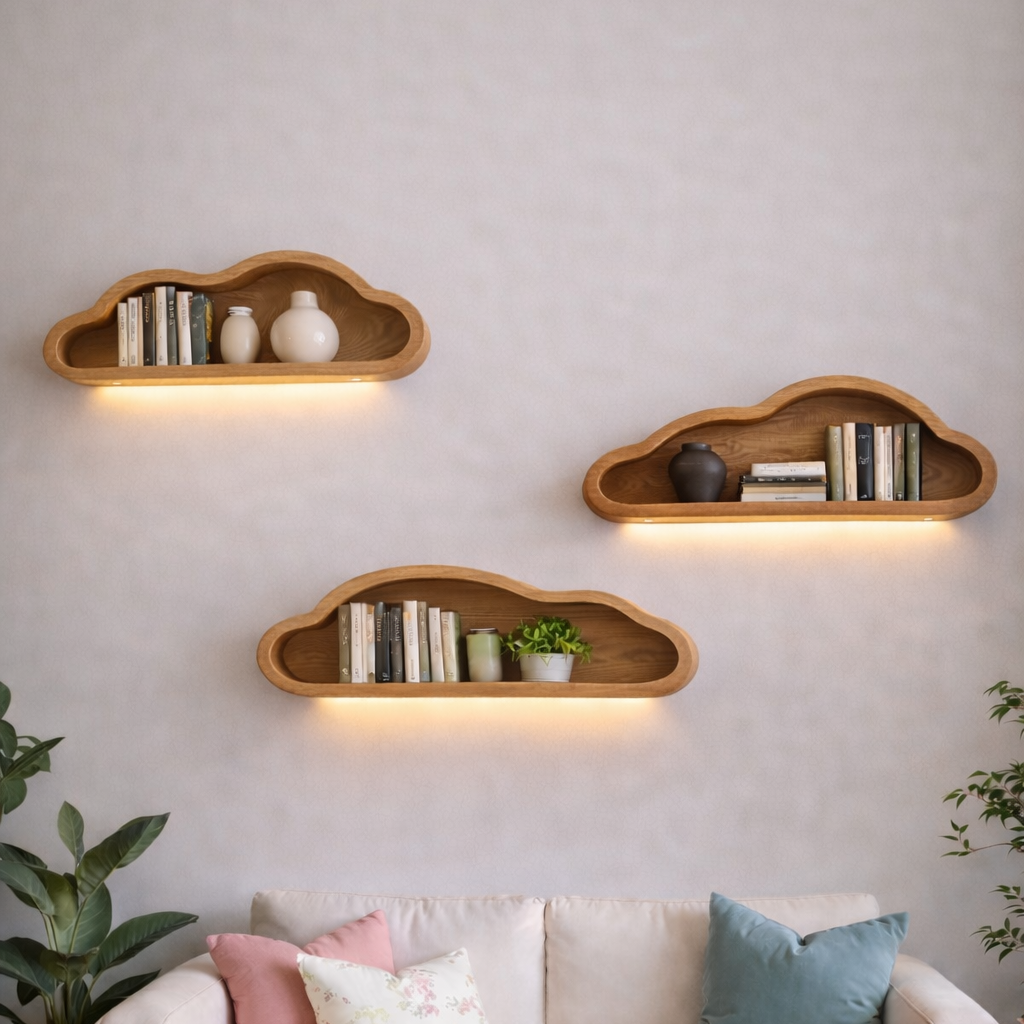 Solid Wood Sculptural Cloud Floating Shelves – Wall Display