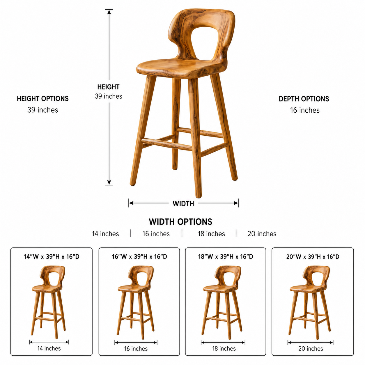Sculptural Wood Bar Stool – Solid Wood Counter Chair for Kitchen Island Decor