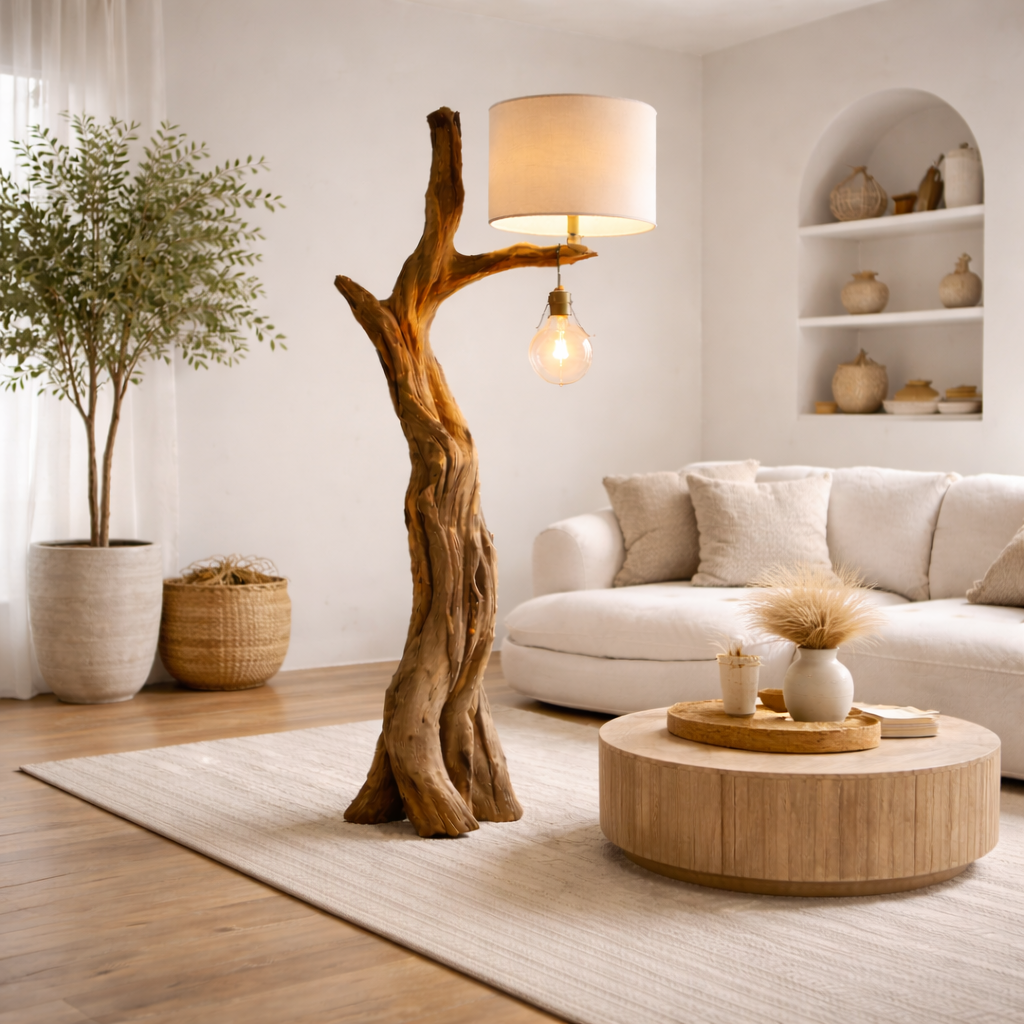 Sculptural Standing Lamp – Solid Wood Floor Light for Living Room Decor