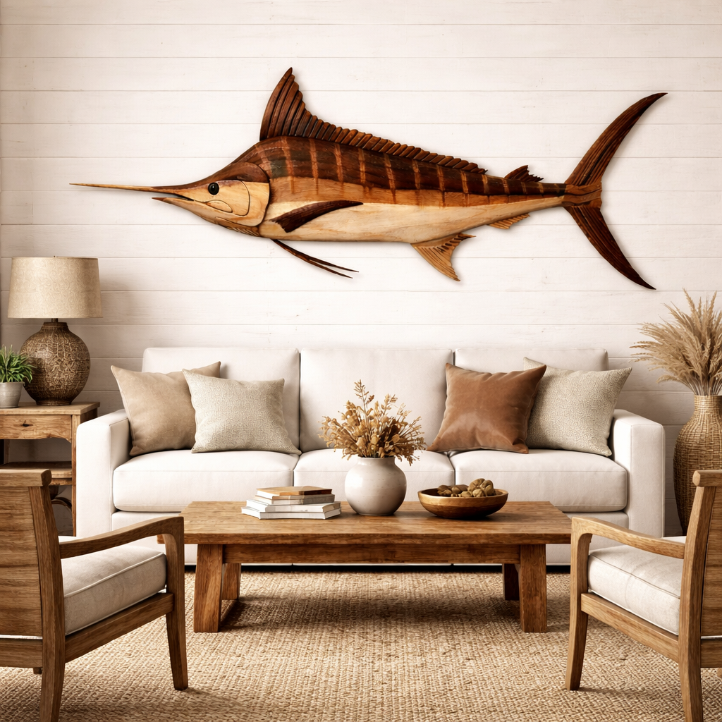 Striped Marlin Wall Art – Solid Wood Decorative Panel for Coastal Home Decor