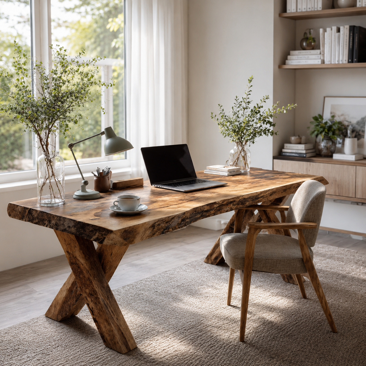 Live Edge Wood Desk – Solid Wood Office Table with X-Base Legs for Home Office Decor