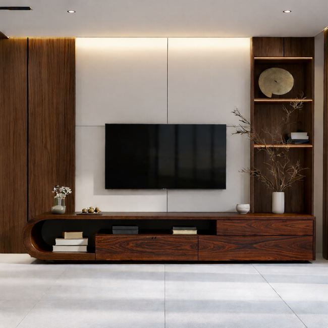 Solid Wood Curved Media Console – Sculptural Low-Profile TV Stand Hover Image