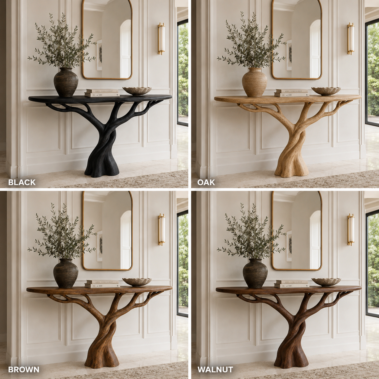 Tree Base Wood Console Table – Solid Wood Entryway Table with Sculptural Branch Base