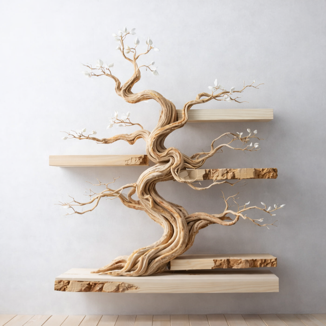 Bonsai Tree Wall Shelf – Wooden Floating Shelf Decor Hover Image