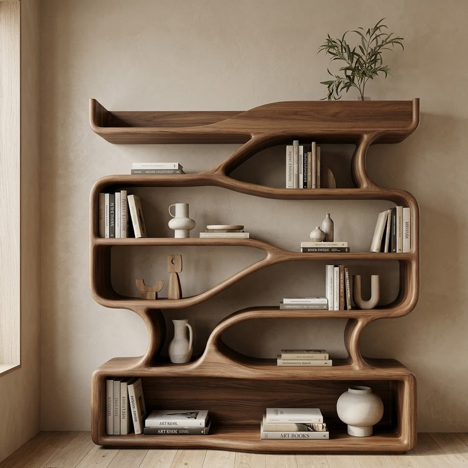 S-Shaped Bookcase – Sculptural Solid Wood Display Shelf