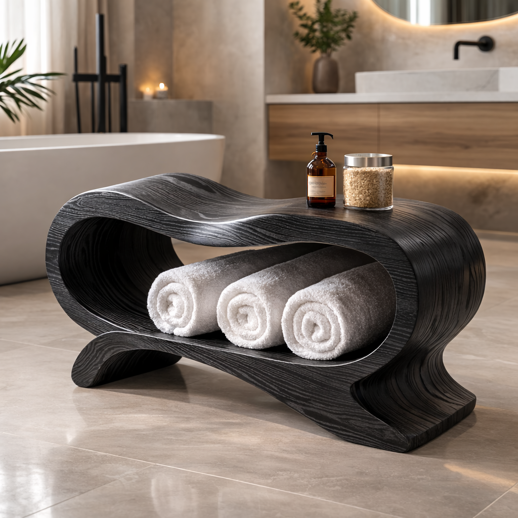 Sculptural Towel Rack Stand – Solid Wood Rolled Towel Holder for Bathroom Decor