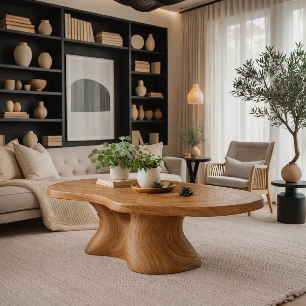 Organic Pedestal Solid Wood Coffee Table – Sculptural Center Table
