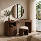 Makeup Vanity Table – Solid Wood Vanity with Round Mirror and Stool