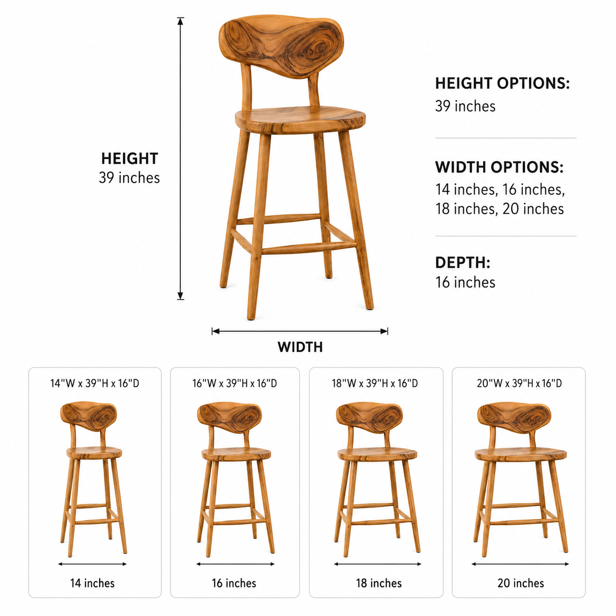 Wood Bar Stool – Solid Wood Counter Chair for Kitchen Island Decor