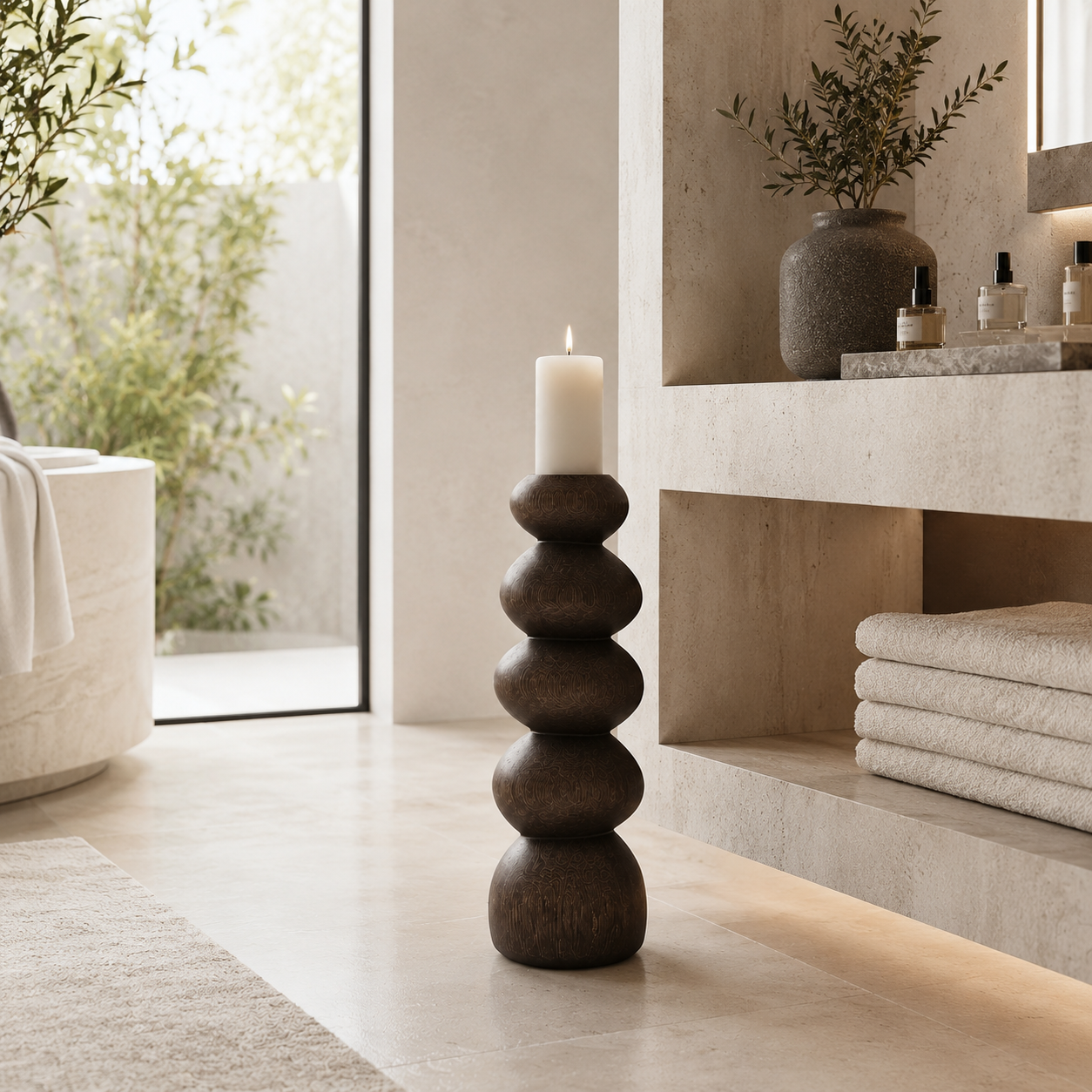 Stacked Wood Candle Holder – Solid Wood Sculptural Candle Stand for Living Room Decor