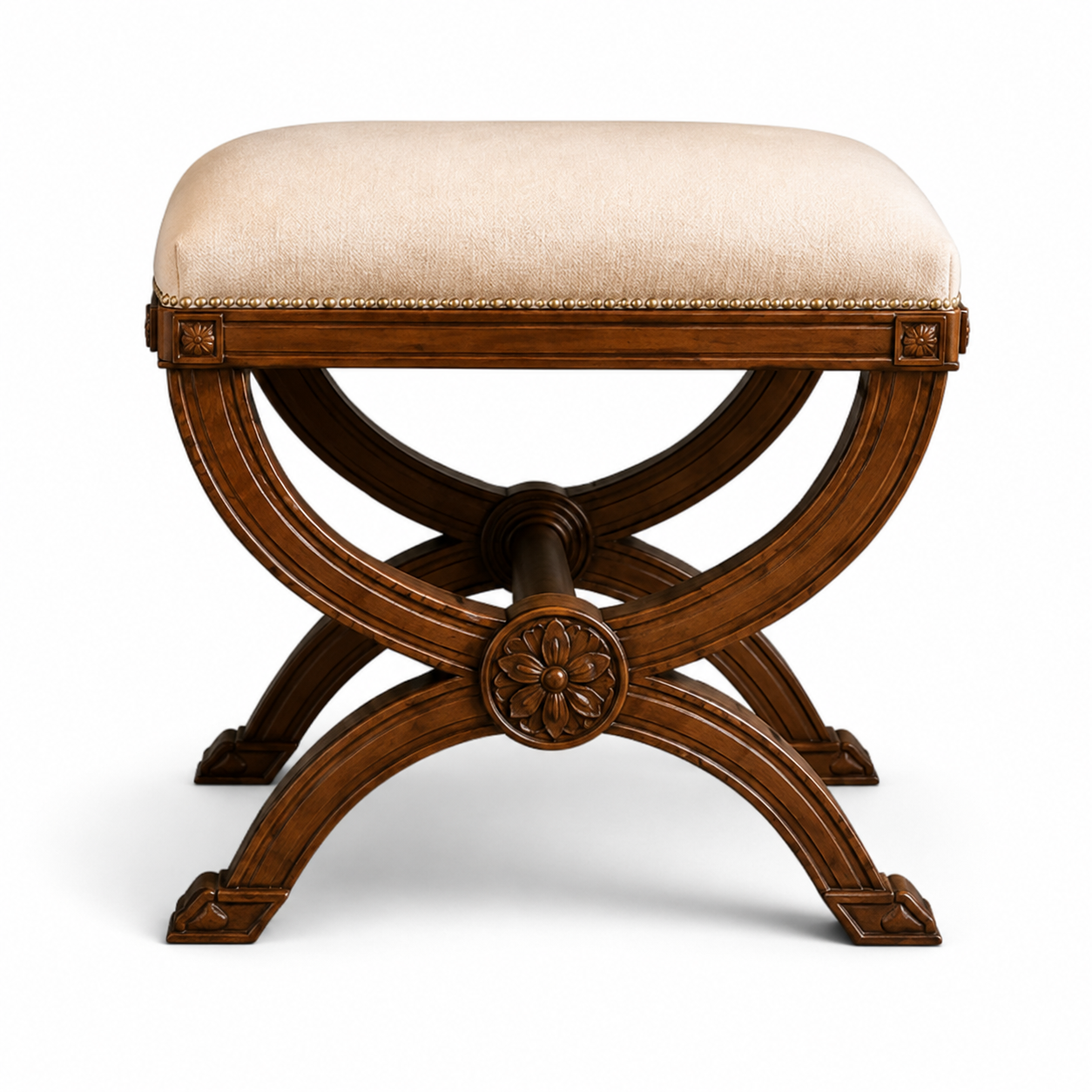 Classic Carved Wood Vanity Table with X-Frame Stool