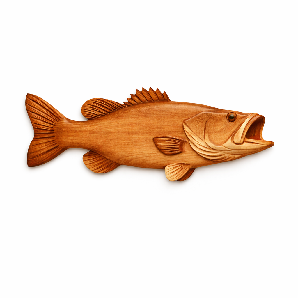Largemouth Bass Wall Art – Solid Wood Decorative Panel for Fishing Cabin Decor