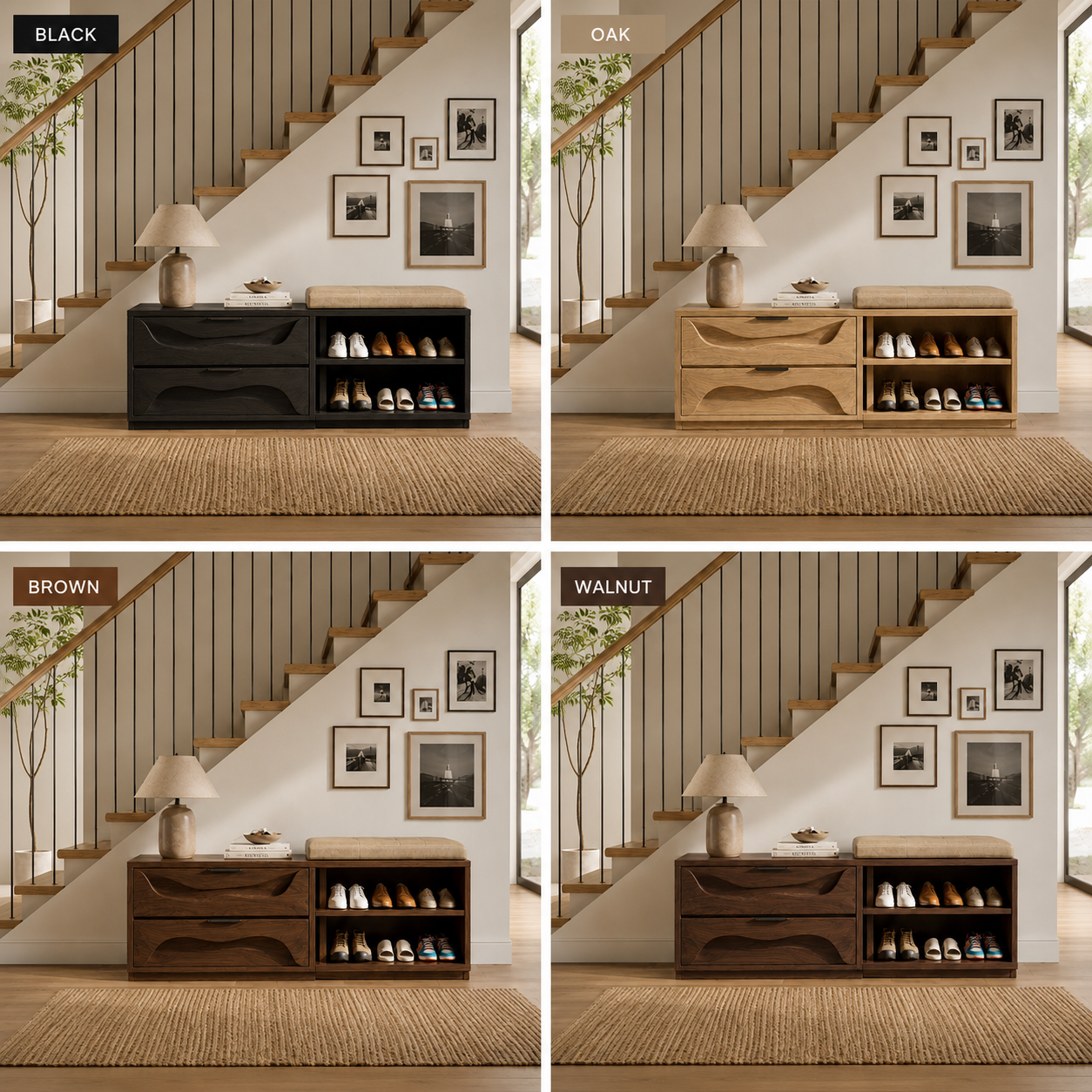 Wood Shoe Storage Bench – Solid Wood Entryway Bench with Drawers and Open Shoe Shelves