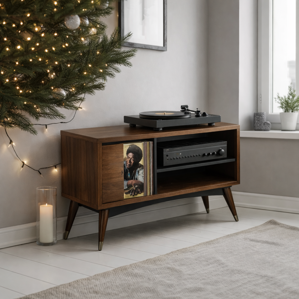 Solid Wood Turntable Console – Mid-Century Vinyl Storage Cabinet