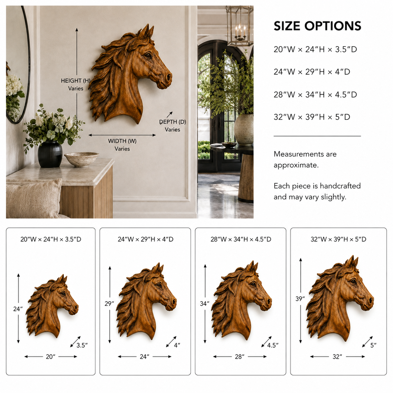 Horse Head Wood Wall Art – Solid Wood 3D Animal Sculpture for Entryway Decor