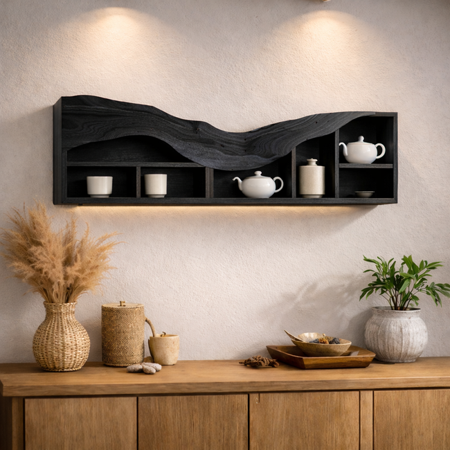 Curved Floating Shelf – Sculptural Solid Wood Wall Shelf with Storage Main Image