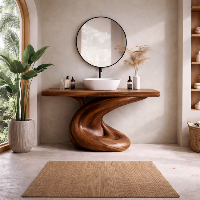 Elegant Modern Wooden Sink Vanity with Circular Mirror | Stylish Bathroom Wall-Mount Set Hover Image