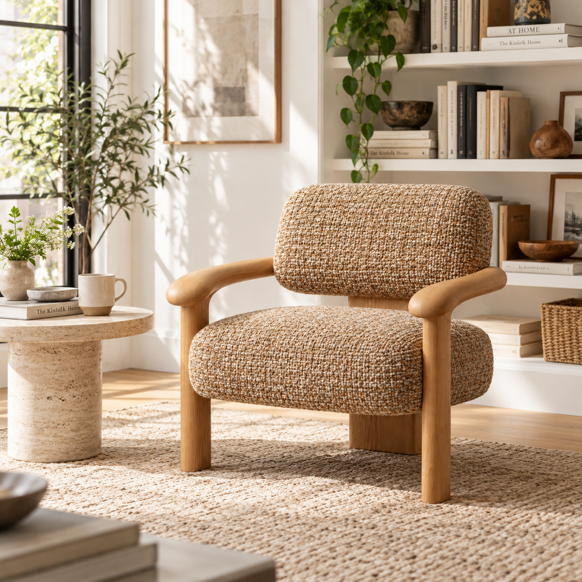 Textured Upholstered Wood Armchair