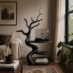 Tree Branch Wooden Side Table – Sculptural Solid Wood Accent Table with Storage Shelves