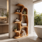 Sculptural Wood Bathroom Shelf – Solid Wood Freestanding Towel Storage Rack for Bathroom Decor
