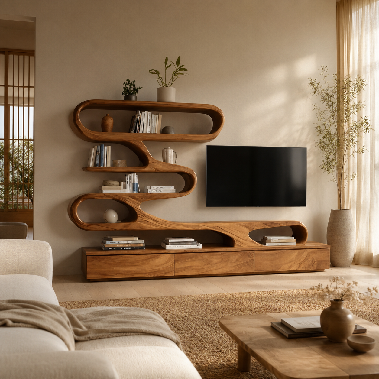 S-Shaped TV Stand – Solid Wood Media Console with Shelves for Living Room Decor